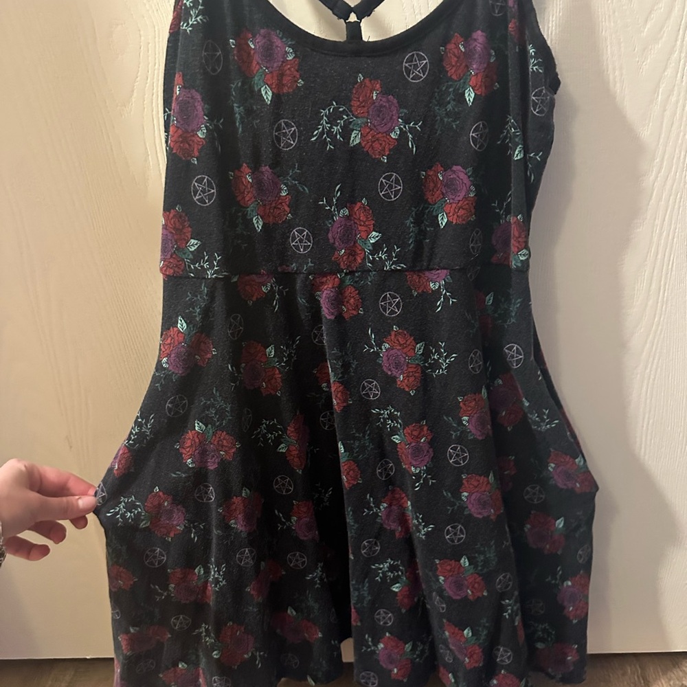 Womens Hot Topic Strappy Black Floral Pocket Dress with Purple & Red Roses